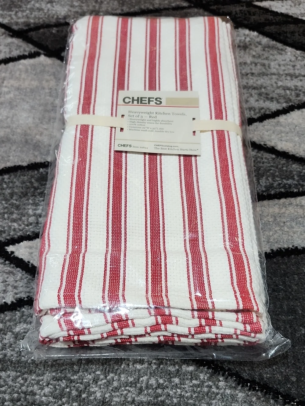 CHEFS PROFESSIONAL GRADE HEAVYWEIGHT COTTON RED WOVEN STRIPED SET-OF-3 TOWELS